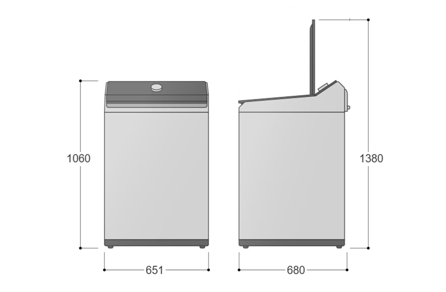 Máy giặt cửa trên màu xám, rộng 651 mm, sâu 680 mm, cao 1060 mm và cao 1380 mm khi mở nắp